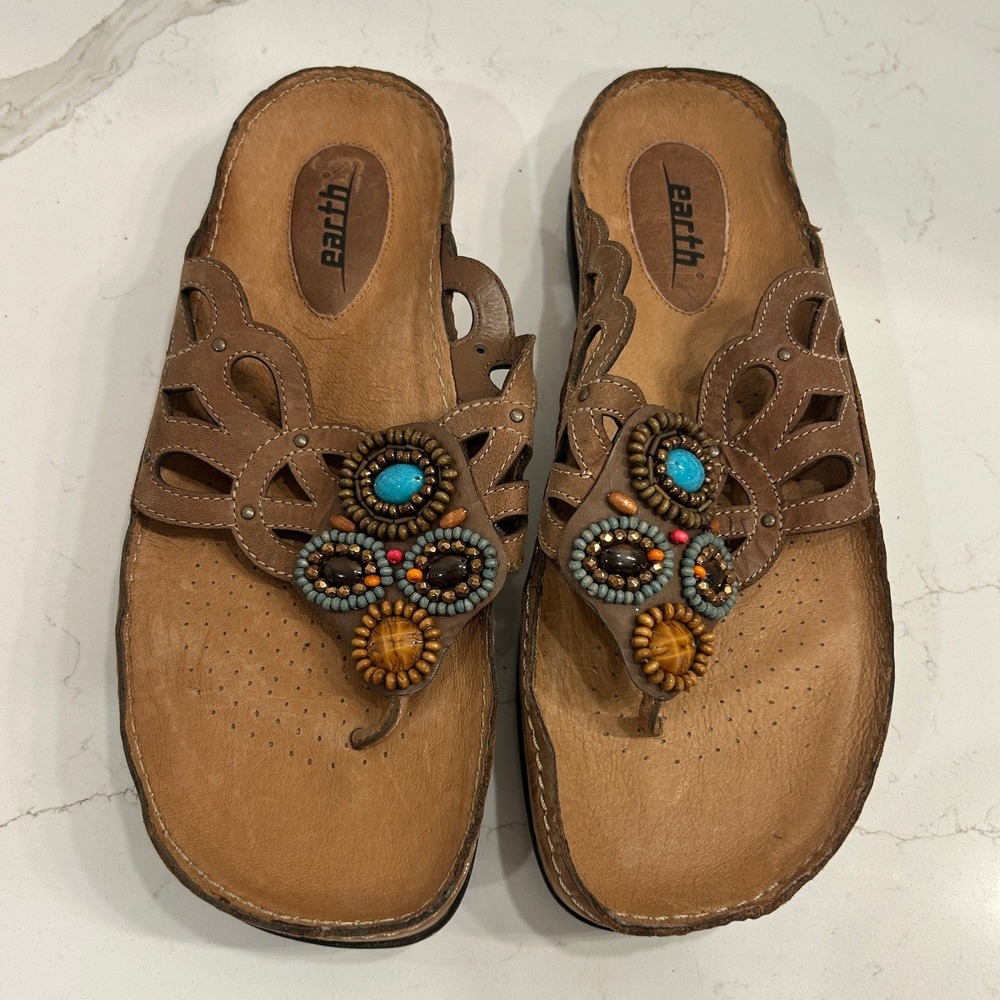 Earth Origins Thong Comfort Sandals Womens Size 11 Brown Turquoise Beaded Boho